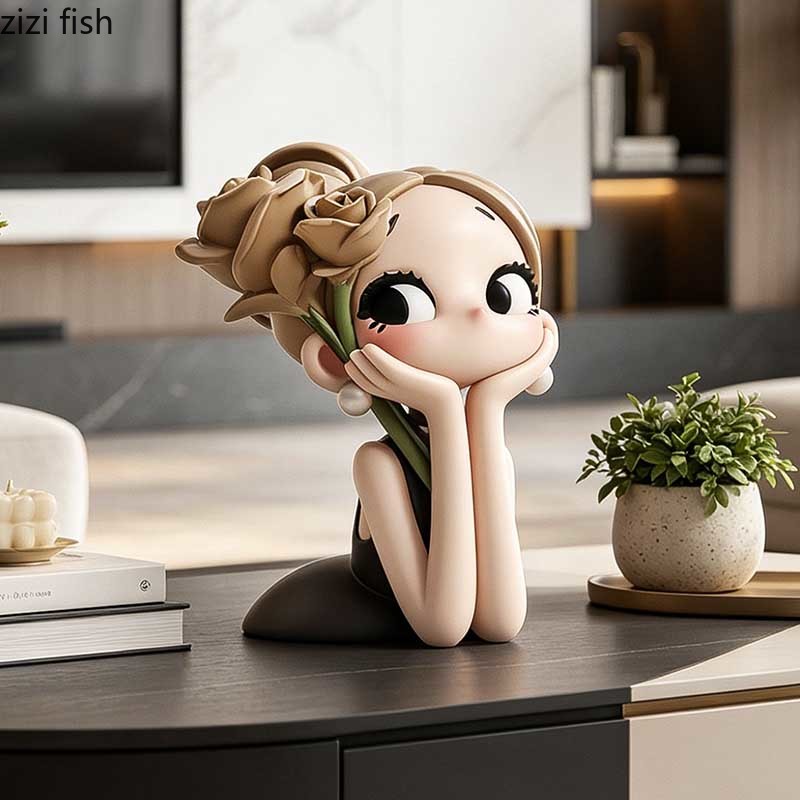 Resin Art Rose - Patung Gadis Mawar Lucu Patung Karakter